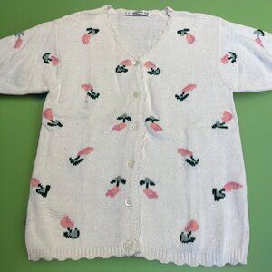 Vintage Short Sleeve Cardigan Women's Medium Pink Floral Textured Cottagecore